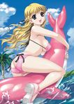  ass bikini blonde_hair braid breasts butt_crack dated day dolphin dutch_angle eyebrows_visible_through_hair french_braid game_cg happoubi_jin highres inflatable_dolphin inflatable_toy large_breasts open_mouth outdoors palm_tree pink pink_bikini resort_boin sandals solo swimsuit tree tsukushino_mitsugu water 