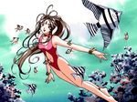  90s aa_megami-sama animal anklet artist_request belldandy bracelet brown_hair casual_one-piece_swimsuit coral facial_mark fish forehead_mark freediving jewelry long_hair one-piece_swimsuit solo swimsuit underwater very_long_hair wallpaper 