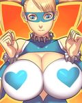  bare_shoulders blonde_hair blue_eyes blue_leotard breast_squeeze breasts cleavage cleavage_cutout heart huge_breasts leotard long_hair mask rainbow_mika sawao scrunchie solo street_fighter twintails wrestling_outfit 