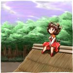  animal_ears archive artist_request brown_eyes brown_hair cat_ears cat_tail chen earrings forest hat jewelry lowres multiple_tails nature open_in_winamp rooftop short_hair sitting solo tail touhou tree 