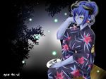  astaroth_(shinrabanshou) black_sclera blue_skin fireflies japanese_clothes kimono shinrabanshou solo utamaro 