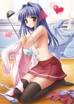  apron blue_hair bow bra breasts brown_eyes checkered floralia floralia+ hair_intakes kneeling ladle lingerie long_hair masaharu medium_breasts non-web_source pink_bow ribbon shirase_ui skirt solo thighhighs ui-chan_no_niizuma_diary underwear undressing 