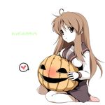  asahina_mikuru breast_rest breasts brown_eyes brown_hair gothic halloween happy_halloween jack-o'-lantern kita_high_school_uniform maskman medium_breasts pumpkin school_uniform serafuku solo suzumiya_haruhi_no_yuuutsu translated white_background 