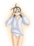  adjusting_eyewear antenna_hair flat_chest glasses hakase_satomi kasuga_yukihito mahou_sensei_negima! over-rim_eyewear panties semi-rimless_eyewear solo striped striped_panties sweater underwear 