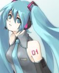  aqua_eyes aqua_hair aqua_neckwear blue_eyes blue_hair collared_shirt detached_sleeves grey_shirt hair_between_eyes hair_ornament hatsune_miku headphones long_hair looking_at_viewer microphone necktie number shirt simple_background solo tattoo twintails upper_body vocaloid 