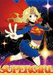  belt blonde_hair blush boots cape dc_comics hamamoto_ryuusuke long_hair midriff navel shadow skirt solo star supergirl superman_(series) 
