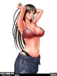  armpits arms_up bare_shoulders black_hair bra breasts curvy large_breasts lingerie long_hair original panties ryu_(ryu's_former_site) solo striped thong underwear 