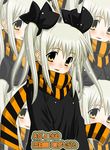  akito_(ao's_club) blush bow hair_bow looking_at_viewer multiple_views original scarf silver_hair smile striped striped_scarf twintails upper_body white_hair yellow_eyes 