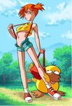  artist_request breasts cloud day food gen_1_pokemon green_eyes kasumi_(pokemon) medium_breasts navel open_fly orange_hair pokemon pokemon_(creature) ponytail psyduck sandwich shoes short_hair shorts side_ponytail sky sneakers suspenders tank_top underboob unzipped 