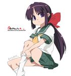  copyright_request dressing eyebrows_visible_through_hair green_skirt hair_ribbon long_hair looking_at_viewer neckerchief oekaki onija_tarou pleated_skirt ponytail purple_eyes purple_hair ribbon school_uniform serafuku short_sleeves skirt sleeve_cuffs solo white_legwear 