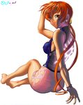  ass barefoot bracelet dress earrings feet foreshortening hands jewelry lips looking_back low_ponytail nekkeau ponytail purple_eyes red_hair shermie smile snk soles solo the_king_of_fighters toes 