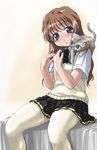  brown_hair cat kotobuki_hajime morino_ichigo onegai_teacher onegai_twins red_eyes school_uniform sitting solo thighhighs 