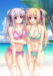  absurdres beach bikini blonde_hair breasts cleavage day highres kannatsuki_noboru large_breasts midriff multiple_girls outdoors pink_eyes shinkyoku_soukai_polyphonica side-tie_bikini silver_hair swimsuit yugiri_perserte yugiri_princesca 