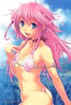  armlet artist_name ass bikini blue_eyes breasts choker collarbone day flat_ass hanny highres long_hair maebari maruto! medium_breasts open_mouth pink_hair rance_(series) ribbon_choker seashell shell shell_bikini sill_plain sky smile solo swimsuit thong_bikini wet 