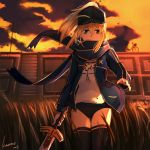  1girl artoria_pendragon_(all) blonde_hair buruma cowboy_shot fate_(series) jacket mysterious_heroine_x open_clothes ponytail solo sword tagme thighhighs weapon 