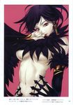  breasts earrings eiwa feathers highres jewelry large_breasts midriff original pale_skin red_eyes solo tongue 