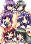  antenna_hair blue_eyes clannad everyone fujibayashi_kyou fujibayashi_ryou furukawa_nagisa green_hair hair_bobbles hair_ornament hikarizaka_private_high_school_uniform hirasaka_makoto ibuki_fuuko ichinose_kotomi long_hair multiple_girls open_mouth purple_eyes purple_hair sakagami_tomoyo school_uniform siblings sisters smile twins two_side_up yellow_eyes 