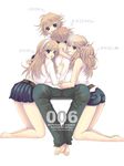  3girls barefoot blonde_hair blue_eyes brother_and_sister cigarette feet group_incest harem hetero incest long_hair multiple_girls open_mouth original sakurai_unan short_hair siblings simple_background sisters skirt smile smoking sweatdrop translated 