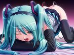  400 all_fours aqua_eyes aqua_hair bent_over black_legwear cable detached_sleeves hatsune_miku headphones long_hair no_panties open_mouth skirt skirt_lift solo tattoo thighhighs top-down_bottom-up twintails very_long_hair vocaloid wince 