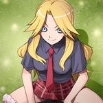  blonde_hair blue_eyes haruyama_kazunori kimura_kaere long_hair lowres necktie panties panties_around_one_leg plaid plaid_skirt sayonara_zetsubou_sensei school_uniform skirt smile solo underwear 