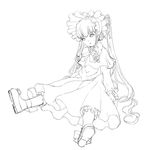  bonnet bow bowtie cozy dress flower frills full_body greyscale lineart long_hair long_sleeves looking_at_viewer monochrome rose rozen_maiden shinku shoe_soles simple_background solo white_background 