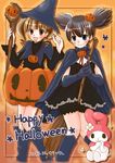  2girls :d black_footwear blonde_hair boots brown_hair food_themed_hair_ornament hair_ornament halloween halloween_costume happy_halloween hat jack-o'-lantern knee_boots kuromi kurumi_nui looking_at_viewer multiple_girls my_melody onegai_my_melody open_mouth pumpkin pumpkin_costume pumpkin_hair_ornament short_hair smile sphere star witch_hat yumeno_uta yuririn 