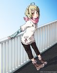  ahoge arm_warmers bangs fashion magamoto original railing red_eyes scarf short_hair simple_background smile solo 