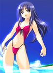  beach bikini blue_hair breasts day kurusugawa_ayaka long_hair midriff norizou_type-r ocean outdoors ribbon side-tie_bikini small_breasts solo swimsuit to_heart 