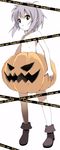  caution_tape full_body halloween jack-o'-lantern maskman nagato_yuki naked_pumpkin no_panties nude pumpkin purple_hair shoes short_hair solo standing suzumiya_haruhi_no_yuuutsu trick_or_treat white_background yellow_eyes 