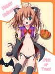  ahoge animal_ears black_panties blush breasts brown_hair cat_ears cat_tail english green_eyes halloween happy_halloween jack-o'-lantern no_bra original panties pumpkin side-tie_panties small_breasts solo tail thighhighs trick_or_treat underboob underwear yoshiharu 