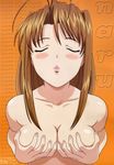  antenna_hair bangs blush breasts brown_hair character_name cleavage closed_eyes copyright_name covering covering_breasts incoming_kiss kiss kouno_toshiyuki large_breasts lips long_hair love_hina lowres megami narusegawa_naru nude official_art orange_background parted_bangs parted_lips scan sidelocks simple_background solo upper_body 