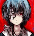  ayanami_rei bandage_over_one_eye bandages blue_hair gomennasai neon_genesis_evangelion pale_skin red_eyes short_hair solo somber 