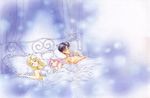  2girls 90s alternate_hairstyle bed bishoujo_senshi_sailor_moon black_hair blonde_hair cat chiba_mamoru chibi_usa commentary diana_(sailor_moon) family frills lingerie long_hair multiple_girls nightgown official_art pillow pink_hair sleeping takeuchi_naoko topless traditional_media tsukino_usagi underwear 