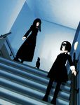  3d bird black_dress dress ekkusu_kyuuzu gothic multiple_girls original stairs 