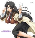  black_hair breasts covered_nipples gegera glasses highres huge_breasts messy_hair necktie read_or_die red_neckwear skirt solo yomiko_readman 