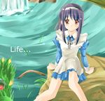  1girl bare_legs dress english long_sleeves looking_at_viewer maid original outdoors purple_hair red_eyes river rock shigen short_hair sitting solo text_focus water waterfall white_dress 