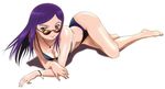  bangs barefoot belt bikini black_bikini bracelet breasts cleavage closed_mouth crossed_arms from_side full_body green_eyes highres hisayuki_hirokazu jewelry key kuga_natsuki large_breasts light_smile long_hair lying my-hime necklace official_art on_side on_stomach parted_bangs plantar_flexion purple_hair scan shadow shiny shiny_skin simple_background smile solo swept_bangs swimsuit white_background 