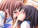  black_hair blush brown_hair choco_chip closed_eyes game_cg hair_ribbon himukai_haruka kamishiro_shizuku kiss long_hair multiple_girls purple_eyes red_eyes ribbon school_project school_uniform yuri 