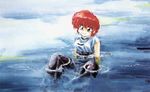  black_pants blue_eyes breasts frills genderswap genderswap_(mtf) knees_up medium_breasts pants partially_submerged ranma-chan ranma_1/2 red_hair saotome_ranma screencap shirt short_sleeves sitting solo traditional_media water wet white_shirt 