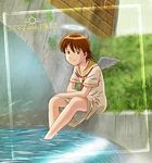  aaru_sentou_shuudan arch bare_arms border brown_eyes brown_hair closed_mouth copyright_name day dress dutch_angle feathered_wings grass haibane_renmei halo looking_at_viewer neckerchief outdoors rakka red_neckwear sailor_dress short_sleeves sitting smile soaking_feet solo static_cling water waterfall white_wings wings 