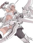  armor armpits arrow bandeau bare_shoulders bow_(weapon) brown_eyes elbow_gloves foreshortening from_below gloves hairband midriff monster_hunter navel panties pantyshot short_hair simple_background sketch solo strapless sun-3 sweat thighhighs thighs tubetop underwear weapon white white_background white_hair 