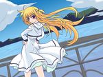  arisa_bannings blonde_hair blue_sky breasts brown_eyes cloud day dress floating_hair frapowa from_behind hands_on_hips lake long_hair long_sleeves lyrical_nanoha mahou_shoujo_lyrical_nanoha outdoors sailor_collar sailor_collar_lift sailor_dress school_uniform seishou_elementary_school_uniform sky small_breasts solo standing very_long_hair water white_dress wind 