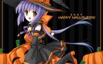  2007 boots copyright_request detached_sleeves food_themed_hair_ornament hair_ornament halloween happy_halloween hasegawa_yukino hat jack-o'-lantern pumpkin pumpkin_hair_ornament purple_hair short_hair skirt smile solo wallpaper witch_hat yellow_eyes 