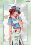  :d baseball_cap blush brown_eyes contrapposto cowboy_shot fukano_youichi gundam gundam_seed gundam_seed_destiny hat long_hair looking_at_viewer meyrin_hawke official_art open_mouth red_hair shirt short_sleeves smile solo standing t-shirt 