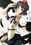  black_hair black_wings camera hat looking_at_viewer red_eyes rokuwata_tomoe shameimaru_aya smile solo tokin_hat touhou wings 