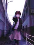  90s abe_yoshitoshi asymmetrical_hair brown_hair bus coat ground_vehicle hair_ornament hairclip iwakura_lain motor_vehicle official_art outstretched_arm outstretched_hand reaching serial_experiments_lain short_hair solo 