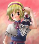  alice_margatroid apron belt blonde_hair blue_dress blush brown_eyes capelet closed_mouth doll dress frills kannazuki_hato looking_at_viewer on_shoulder petting shanghai_doll short_hair smile solo touhou upper_body waist_apron white_capelet 