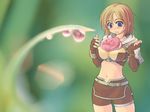  :3 belt blonde_hair blue_eyes blush brown_gloves crop_top dew_drop fingerless_gloves gloves hood hood_down hoodie hunter_(ragnarok_online) midriff ragnarok_online short_hair shorts slime solo sweatdrop water_drop xration 