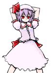  arms_behind_head dai-oki frills hat looking_at_viewer purple_hair red_eyes remilia_scarlet ribbon simple_background skirt skirt_set solo touhou white_background 