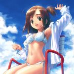  armpits bikini breasts brown_eyes brown_hair cloud copyright_request day goto_p highres navel open_clothes open_shirt shirt short_hair side-tie_bikini sitting small_breasts solo swimsuit 